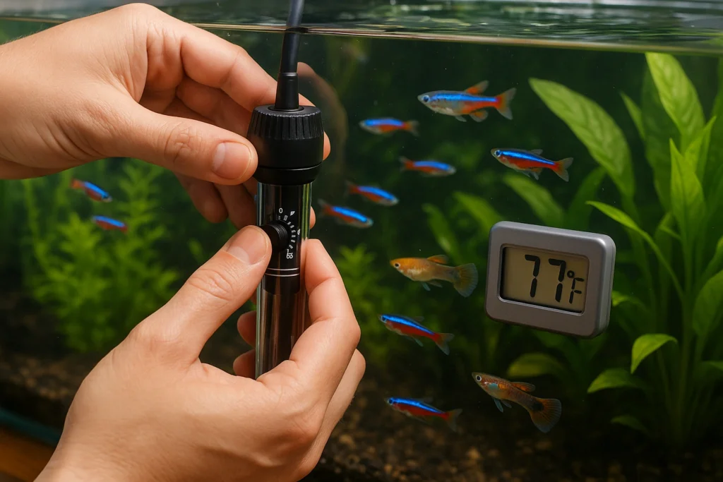 adjusts the submersible heater and checks the thermometer