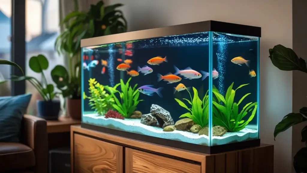 Medium-sized freshwater aquarium in cozy living room – ideal beginner fish tank setup